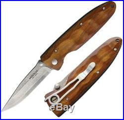 Mcusta Linerlock Folding Knife 3.25 Damascus Steel Blade Brown Ironwood Handle