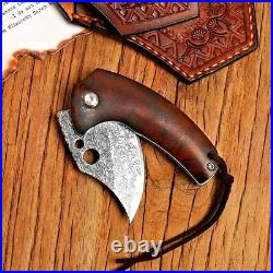 Mini Clip Point Folding Knife Pocket Hunting Survival Damascus Steel Wood Handle
