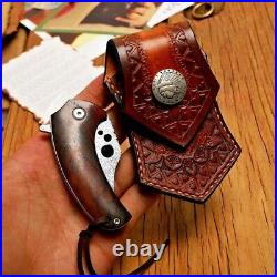 Mini Clip Point Folding Knife Pocket Hunting Survival Damascus Steel Wood Handle