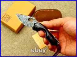 Mini Drop Point Folding Knife Pocket Hunting Survival Damascus Steel Wood Handle
