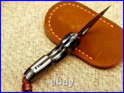 Mini Drop Point Folding Knife Pocket Hunting Survival Damascus Steel Wood Handle