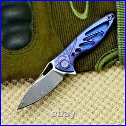 Mini Drop Point Folding Knife Pocket Hunting Survival Titanium Damascus Steel XS