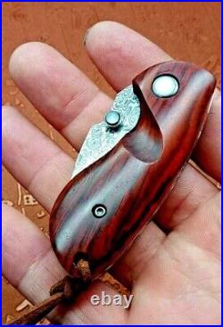 Mini Drop Point Knife Folding Pocket Hunting Survival Combat Damascus Steel Wood