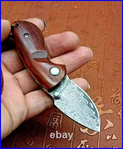 Mini Drop Point Knife Folding Pocket Hunting Survival Combat Damascus Steel Wood
