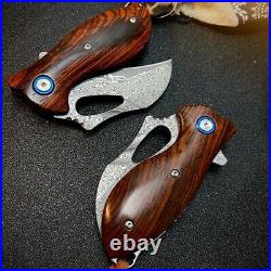 Mini Drop Point Pocket Folding Knife Hunting Survival Damascus Steel Wood Handle