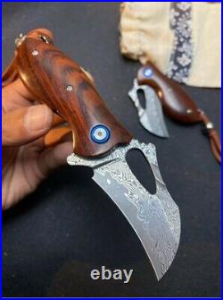 Mini Drop Point Pocket Folding Knife Hunting Survival Damascus Steel Wood Handle