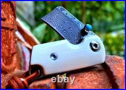 Mini Wharncliffe Folding Knife Pocket Hunting Survival Tactical Damascus Steel S