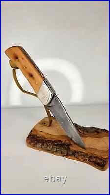 Miniature Modern Model Custom Handmade Feather Pattern Damascus Folding Knife