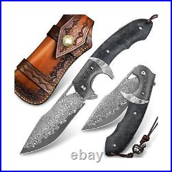 Minowe Handmade Damascus Steel Folding Knife with leather case, 3.8in VG10