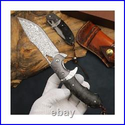 Minowe Handmade Damascus Steel Folding Knife with leather case, 3.8in VG10
