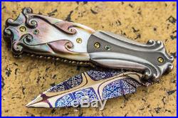 Mint Suchat Jangtanong Folding Knife Mosaic Damascus Dagger Pearl Titanium Topaz