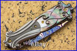 Mint Suchat Jangtanong Folding Knife Mosaic Damascus Dagger Pearl Titanium Topaz