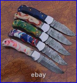 Mix 5 piece Custom Hand Made Damascus Steel Folding Pocket Knife Back lock. 054