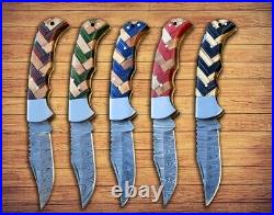 Mix LOT OF 20, Handmade Damascus Steel Folding Camping pocket Knife With Sheaths