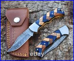 Mix LOT OF 20, Handmade Damascus Steel Folding Camping pocket Knife With Sheaths