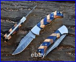 Mix LOT OF 20, Handmade Damascus Steel Folding Camping pocket Knife With Sheaths