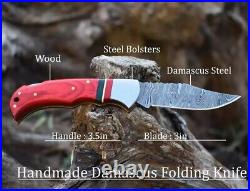 Mix LOT OF 20, Handmade Damascus Steel Folding Camping pocket Knife With Sheaths