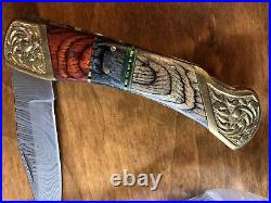 NEW Damascus Folding Knife with sheath 1095 15 N 20 Genuine Carbon Steel In Box