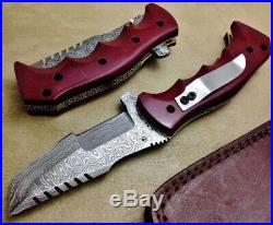 NEW Damascus Steel Folding Knife Handmade Leather Shealth Red Micarta USA