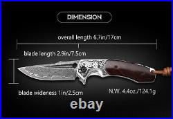 NEWOOTZ Damascus Steel Pocket Folding Knife Japanese Wooden Handle EDC Tactical
