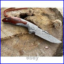 NEWOOTZ Damascus VG10 Folding Knife Rosewood Handle with Leather Sheath outdoor
