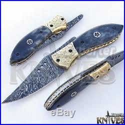 New Custom made Damascus Steel Folding / Pocket Knife, Bone Handle 22