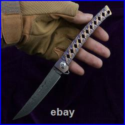 New High Quality Damascus Steel Outdoor Survival Folding Knife Titanium Handle