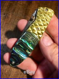 Nice Damascus Folding Pocket Knife With Genuine Green Abalone Handles & Sapphire