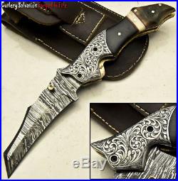 One-of-a-kind Custom Hand Made Damascus Folding Knife Chisel Engraved Um-4851