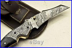 One-of-a-kind Custom Hand Made Damascus Folding Knife Chisel Engraved Um-4851