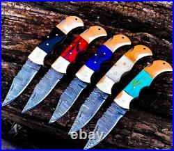 Pack of 5 Folding Knives Damascus Steel Lock Back Pocket Knife WithSheaths