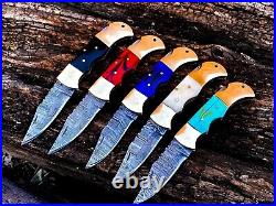 Pack of 5 Folding Knives Damascus Steel Lock Back Pocket Knife WithSheaths