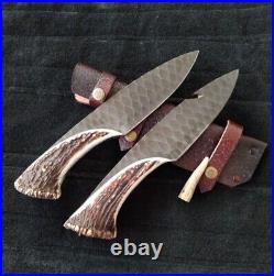 Pair of crown stag hunting knives, 2 bowie knives, handmade D2 steel blade