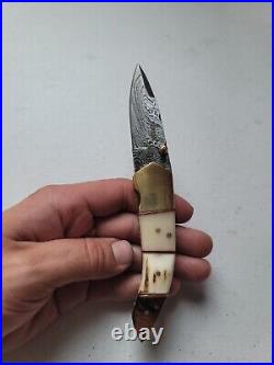 Perkin Handmade Damascus Pocket Knife Folding Camel Bone Handle Leather