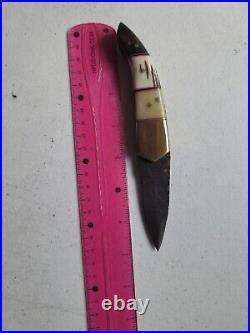 Perkin Handmade Damascus Pocket Knife Folding Camel Bone Handle Leather