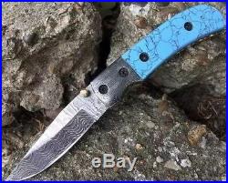 Perkin Turquoise Damascus Steel Folding Pocket Knife 3 with Leather Sheath