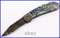 Perry Wingo Custom Linerlock Damascus Abalone Folding Knife