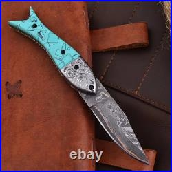 Personalized Handmade Copper Damascus Folding Knife Turquoise Stone Handle