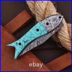 Personalized Handmade Copper Damascus Folding Knife Turquoise Stone Handle