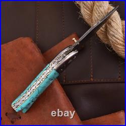 Personalized Handmade Copper Damascus Folding Knife Turquoise Stone Handle