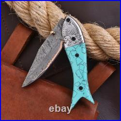Personalized Handmade Copper Damascus Folding Knife Turquoise Stone Handle
