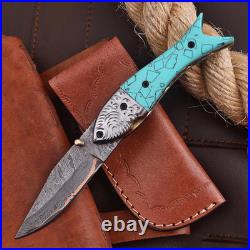 Personalized Handmade Copper Damascus Folding Knife Turquoise Stone Handle