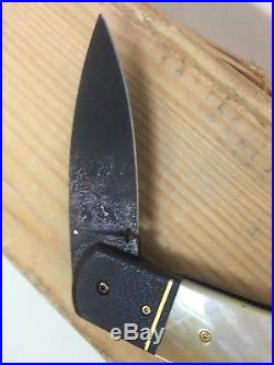 Peter Martin Custom Folding Knife Damascus Blade with Gold Lip Pearl Inlay