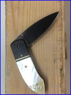 Peter Martin Custom Folding Knife Damascus Blade with Gold Lip Pearl Inlay