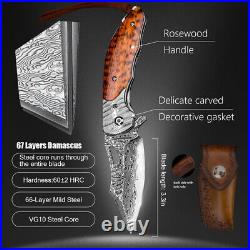 Pocket Folding Knife Vg10 Damascus Steel Blade Snakewood Handle Leather Sheath