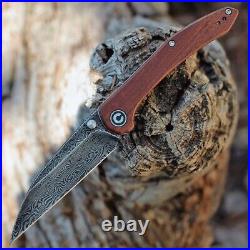 Premium Damascus Cuibourtia Wood Knife Folding Pocket Gift Outdoors VP48