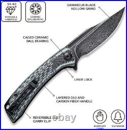Premium Damascus G10 Carbon Fiber Knife Folding Pocket Gift Outdoors VP39