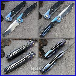 Premium Damascus Titanium Carbon Fiber Knife Folding Pocket Gift Blue VP68