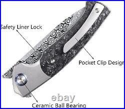 Premium Damascus Titanium Carbon Fiber Knife Folding Pocket Gift Gray VP63