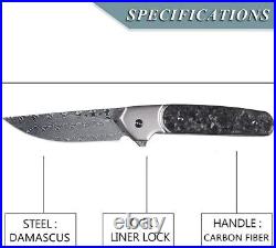 Premium Damascus Titanium Carbon Fiber Knife Folding Pocket Gift Gray VP65